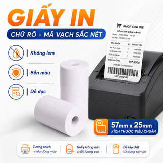 Giấy nhiệt và Decal giấy nhiệt 57x25mm - Bán kèm 2 loại: loại cuộn / loại tờ rời - Dán chắc, in rõ - Dùng cho POS, giá,