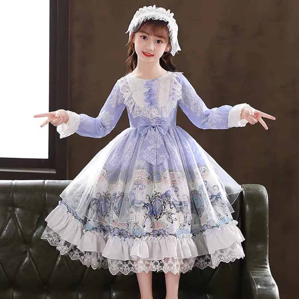 Đầm lolita hoạ tiết phối voan cho bé gái