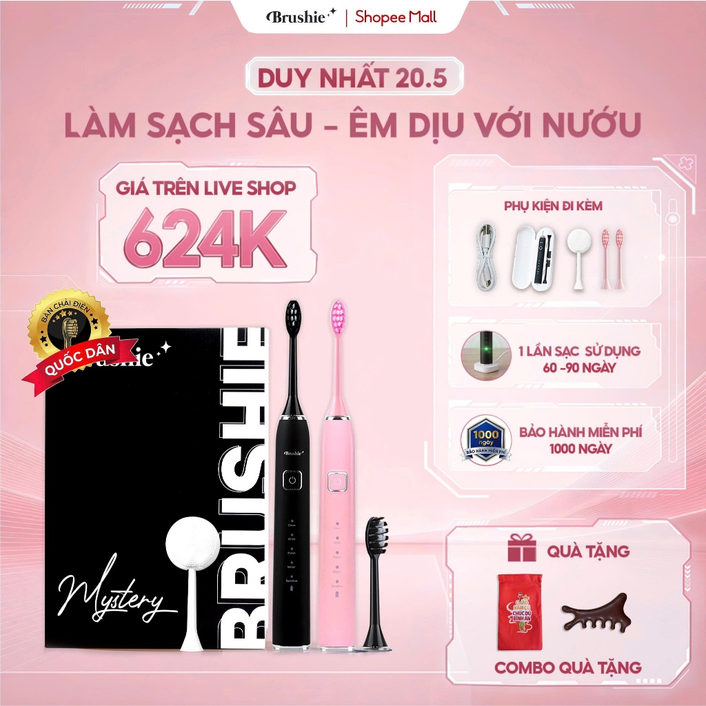 [GIÁ 663K LIVE SHOP] Bàn chải điện Brushie Ultra Plus làm sạch mảng bám cao răng, lông chải mềm mại 