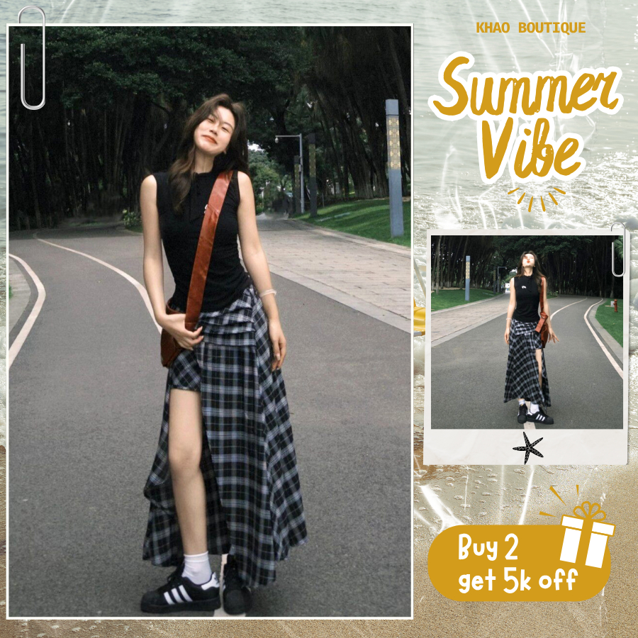 [KH13] Chân váy dài kẻ caro xẻ tà Vintage Nữ Tính Cá Tính Phong Cách Hàn Quốc | KHAO BOUTIQUE
