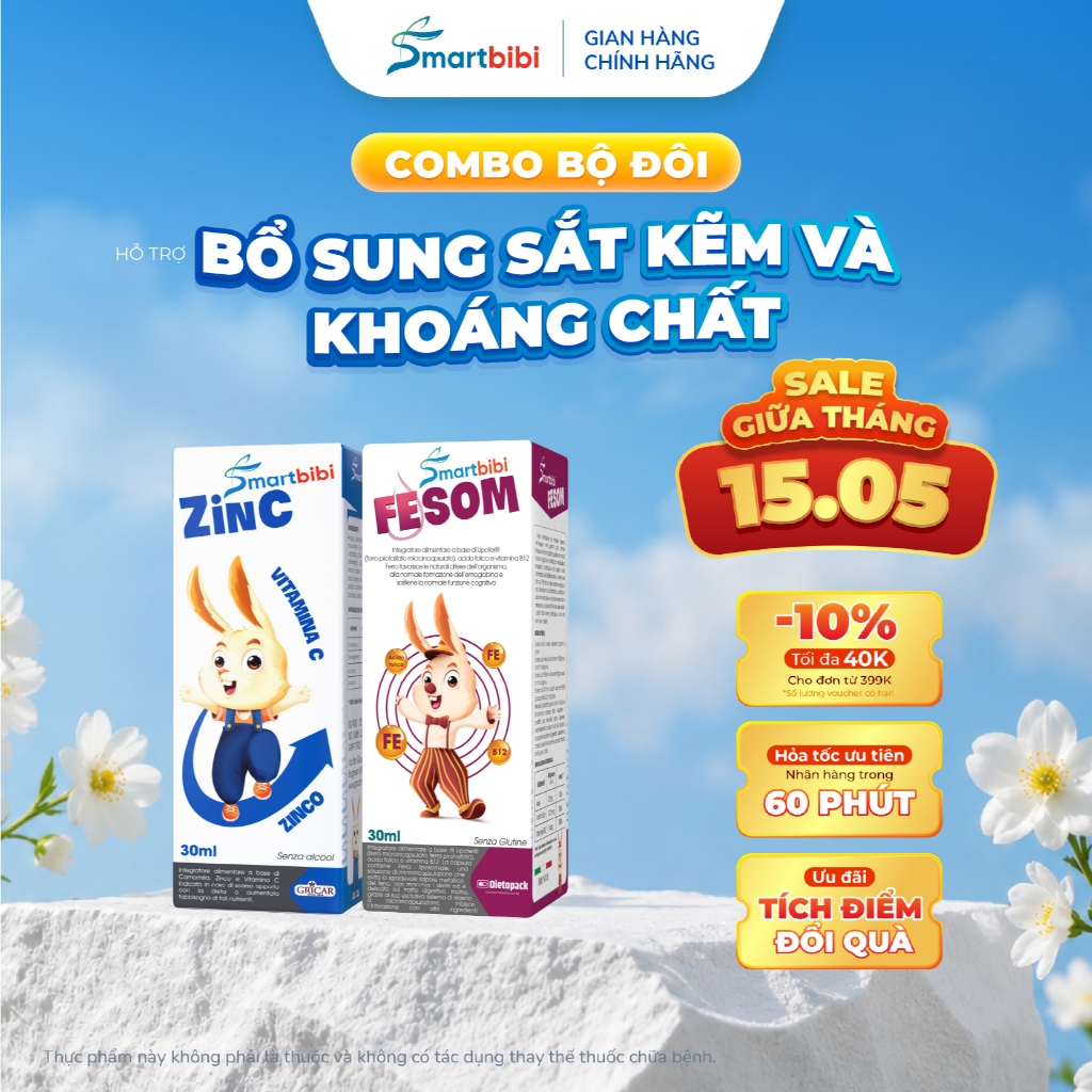 Combo siro bổ sung kẽm và khoáng chất cho bé Smartbibi Zin C + Smartbibi Fesom hỗ trợ bé bổ sung kẽm