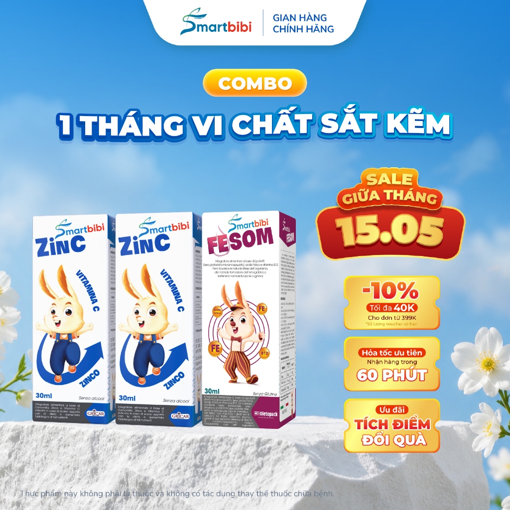 Combo Bổ Sung Sắt Kẽm Và Vi Chất Cho Bé, TPBVSK 2 Smartbibi Zin C + 1 Smartbibi Fesom