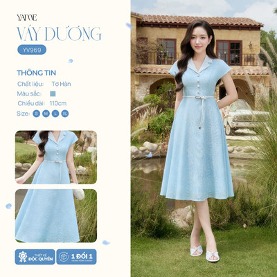 Váy Thiết Kế Nữ YAME Họa Tiết Nổi Dài 110cm, Cổ 2 Ve, Tay Liền, Tùng Váy Xòe, Kèm Dây Đai Da Tết Màu Trắng - DƯƠNG YV969