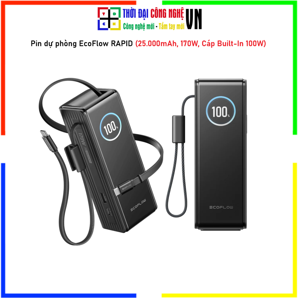 Pin Dự Phòng EcoFlow RAPID 25000mAh 170W Sạc Nhanh Cáp Sẵn 100W Cho Laptop Điện Thoại - Bảo Hành 2 N
