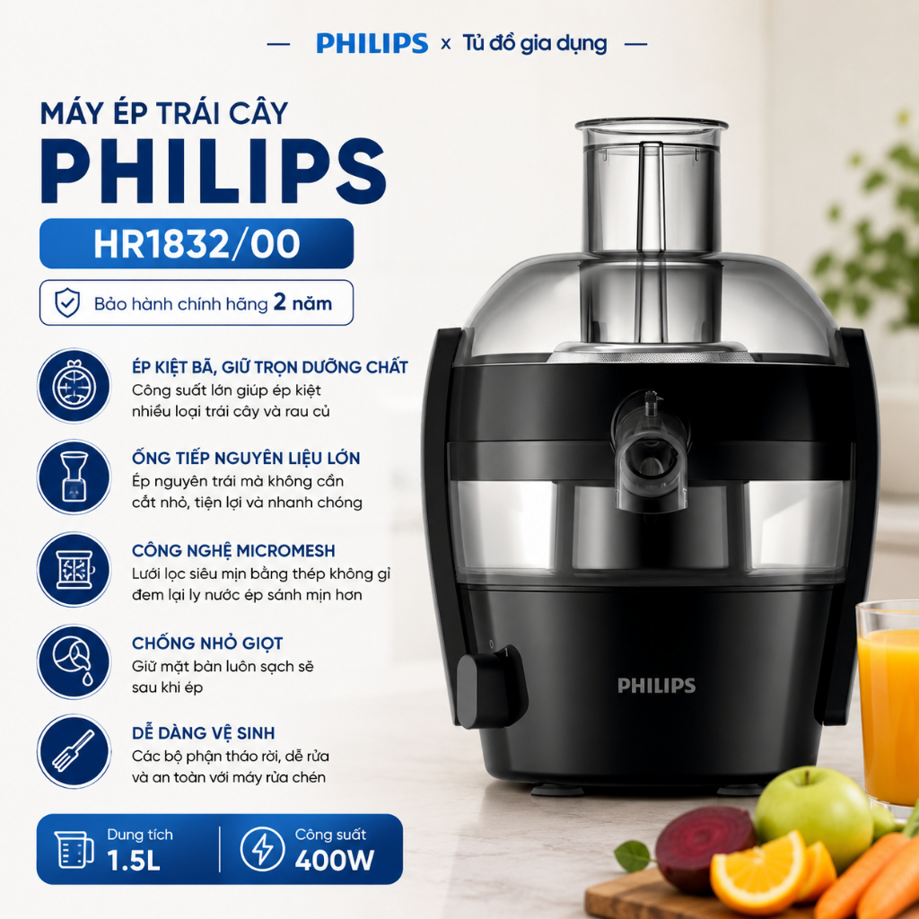 Máy ép trái cây Philips HR1832/00 | Công suất 500w - Ép nhanh, ép gọn - Chính hãng | BH 2 năm