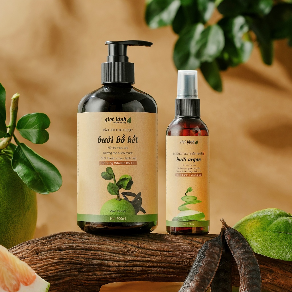 Bộ dầu gội bưởi bồ kết - Xịt tóc bưởi thuần chay Giọt Lành