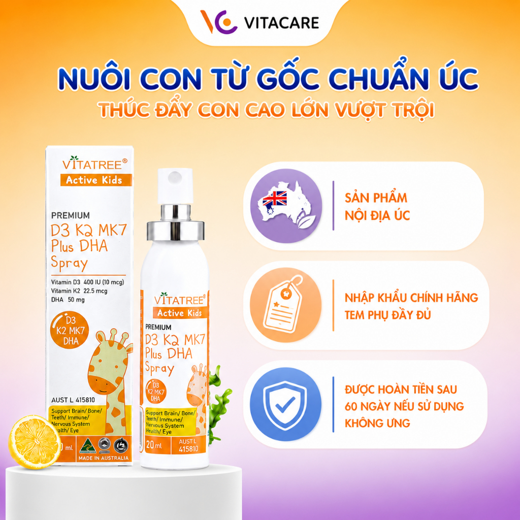 D3K2 kết hợp DHA hỗ trợ bé tăng chiều cao tối đa Vitatree Premium D3K2MK7 Plus DHA  20ml