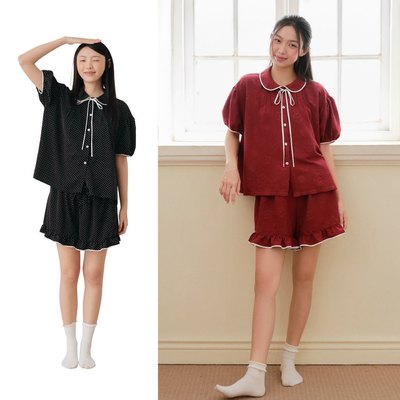 VIBES Pijama ngắn cổ sen mặc nhà phom rộng Freesize 45-65kg FS Merlot Bow Set, phù hợp đi chơi, đi dạo