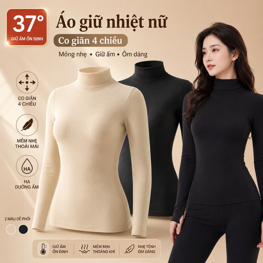 Áo giữ nhiệt nữ cổ cao HA dưỡng ẩm, mềm như da thứ hai, co giãn 4 chiều, giữ ấm thu đông
