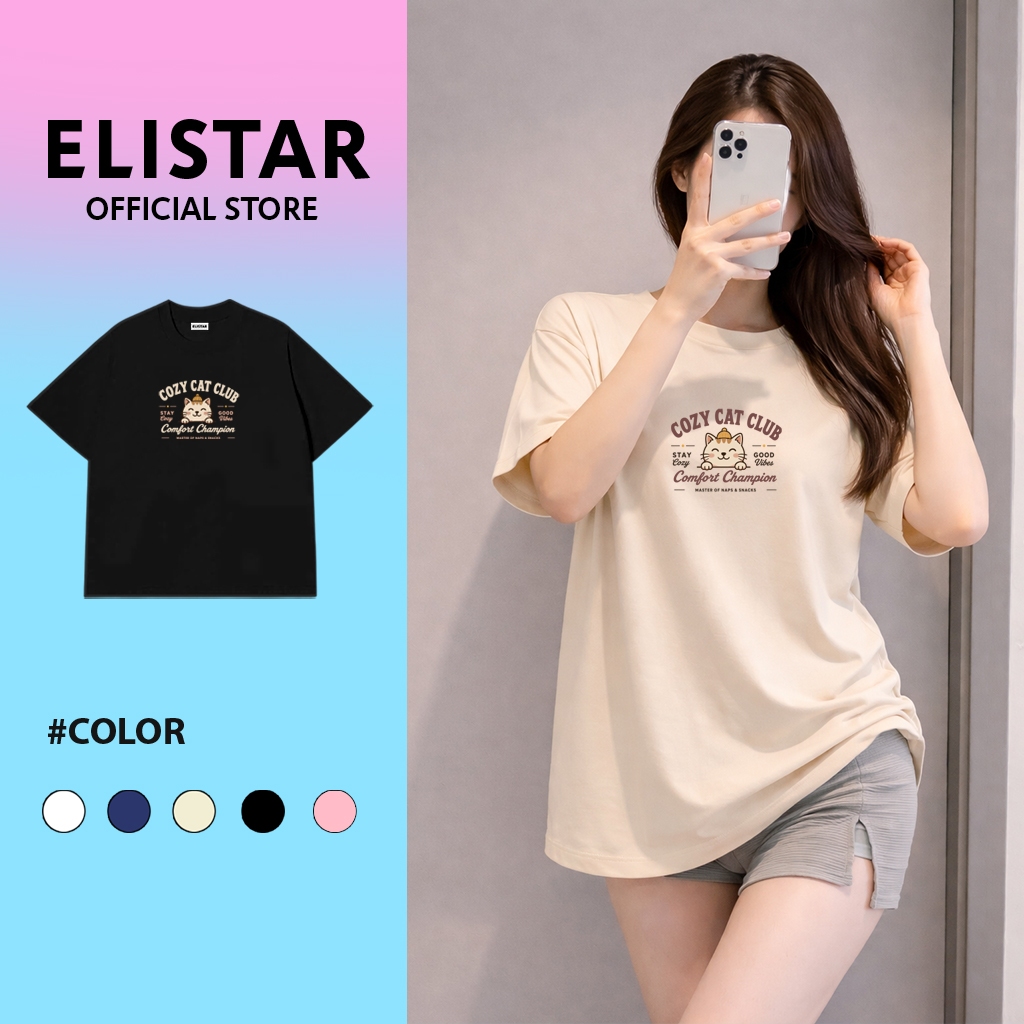 ELISTAR - AT08 Áo thun unisex local brand form rộng cổ tròn in hình Mèo Cozy Cat Club