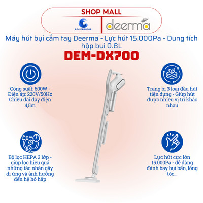 [HỎA TỐC] Máy hút bụi cầm tay Deerma DEM-DX700 - Công suất 600W - Lực hút 15.000Pa - Hàng chính hãng