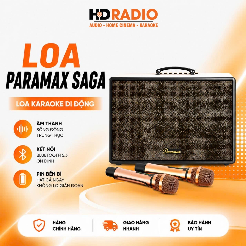 Loa Paramax Saga | Bass 20cm, Công suất 300W, Bluetooth 5.3, Kèm 2 tay micro | Bảo hành 12 tháng