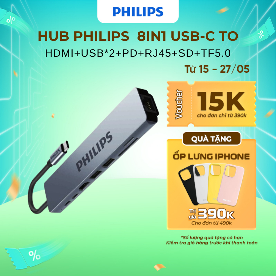 Hub Philips SWV6118G 8in1 USB-C to HDMI+USB*2+PD+RJ45+SD+TF