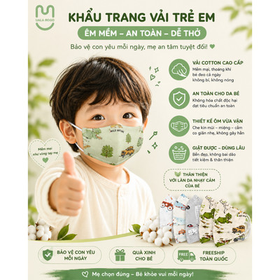 Khẩu trang vải cho bé Set 2c Ualarogo 4 lớp chống bụi mịn sợi tre Bamboo khử khuẩn bảo vệ sức khỏe