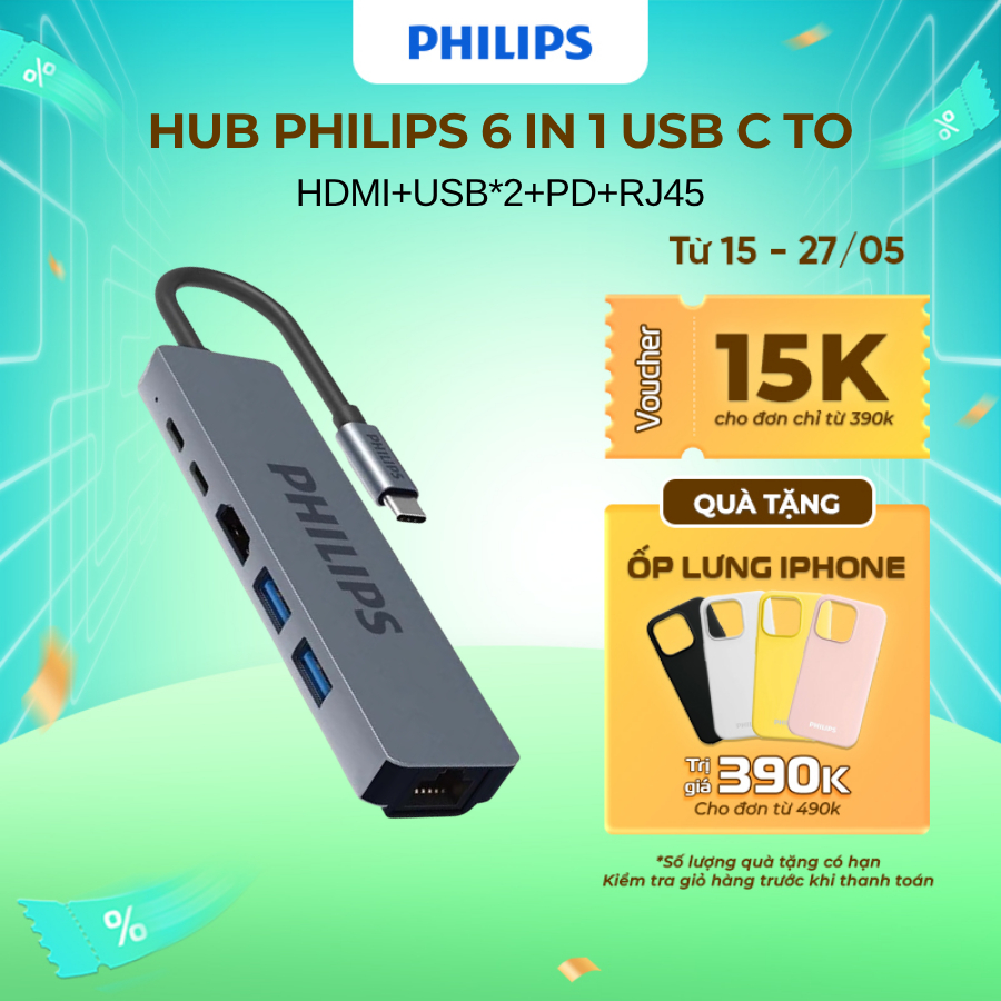 Hub chuyển đổi Philips SWV6116G 6 in 1 USB C to HDMI+USB*2+PD+RJ45