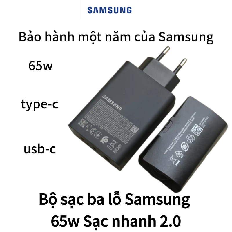 Samsung EP-T6530 65W Bộ sạc ba cổng Châu Âu PD Đầu sạc nhanh GaN Gallium Nitride Type-C Cổng đôi+USB