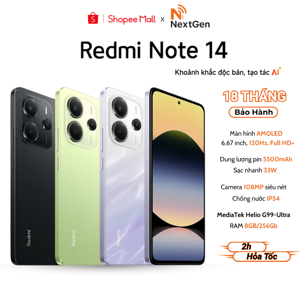 Điện Thoại Thông Minh Xiaomi Redmi Note 14 6/128GB - 8/128GB - 8/256GB Bản Quốc Tế - Bảo hành 18 Tháng