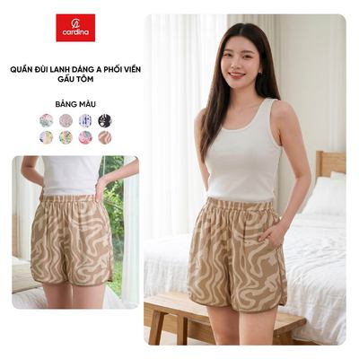Quần đùi nữ CARDINA chất liệu lanh da dáng A cạp chun có phối viền gấu tôm 6QSA11