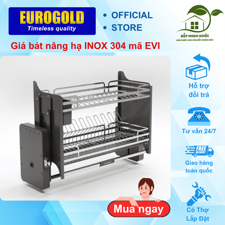 Giá bát nâng hạ EUROGOLD nan dẹt inox 304, Kệ để bát đĩa di động nâng hạ nhẹ nhàng tải trọng cao