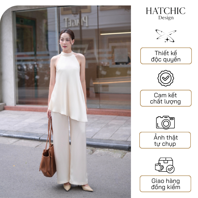 Bộ Lụa Cổ Yếm Vạt Chéo Mix Quần Suông Cao Cấp - Set Lụa Tô Châu Sang Trọng - Design by HATCHIC