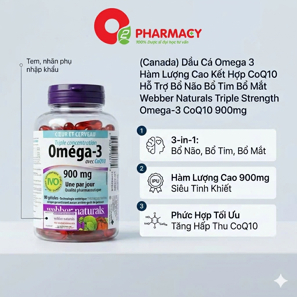 (Canada) Dầu Cá Omega 3 Hàm Lượng Cao Kết Hợp CoQ10 Hỗ Trợ Bổ Não Bổ Tim Bổ Mắt  Webber Naturals Tri