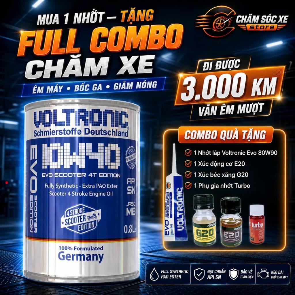 Dầu Nhớt Xe Tay Ga Voltronic Evo Scooter Kèm 1 Láp Voltronic Evo 80w90, 1 G20, 1 Súc Động Cơ Và 1 Tu