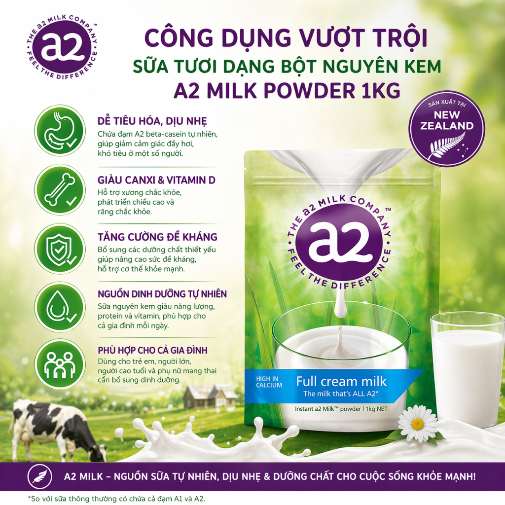 Sữa tươi dạng bột nguyên kem The a2 Milk Company Full Cream Milk Đạm A2