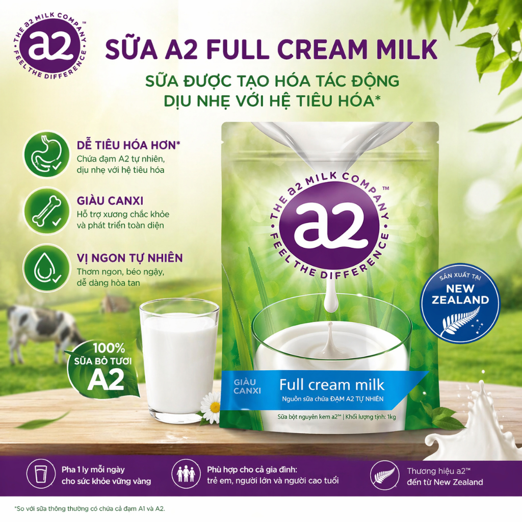 Sữa bò nguyên kem dạng bột The a2 Milk Company Full Cream Milk Đạm A2 từ bò sữa thuần chủng  - Túi 1