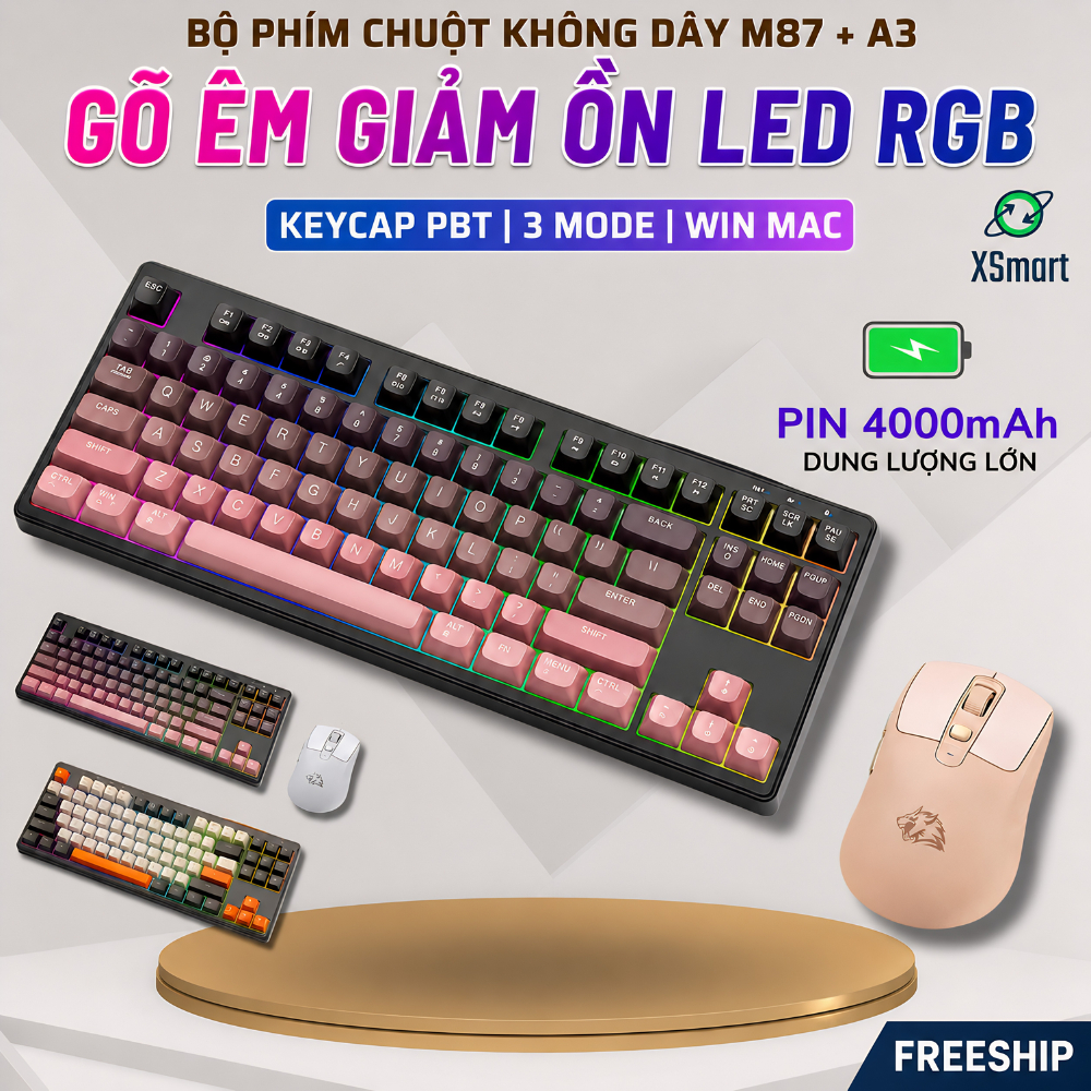 Bộ Bàn Phím Và Chuột Bluetooth FreeWolf M87 LED Pro Gõ Êm Giảm Ồn, Pin Sạc, 2 Mode Cho Pc Laptop