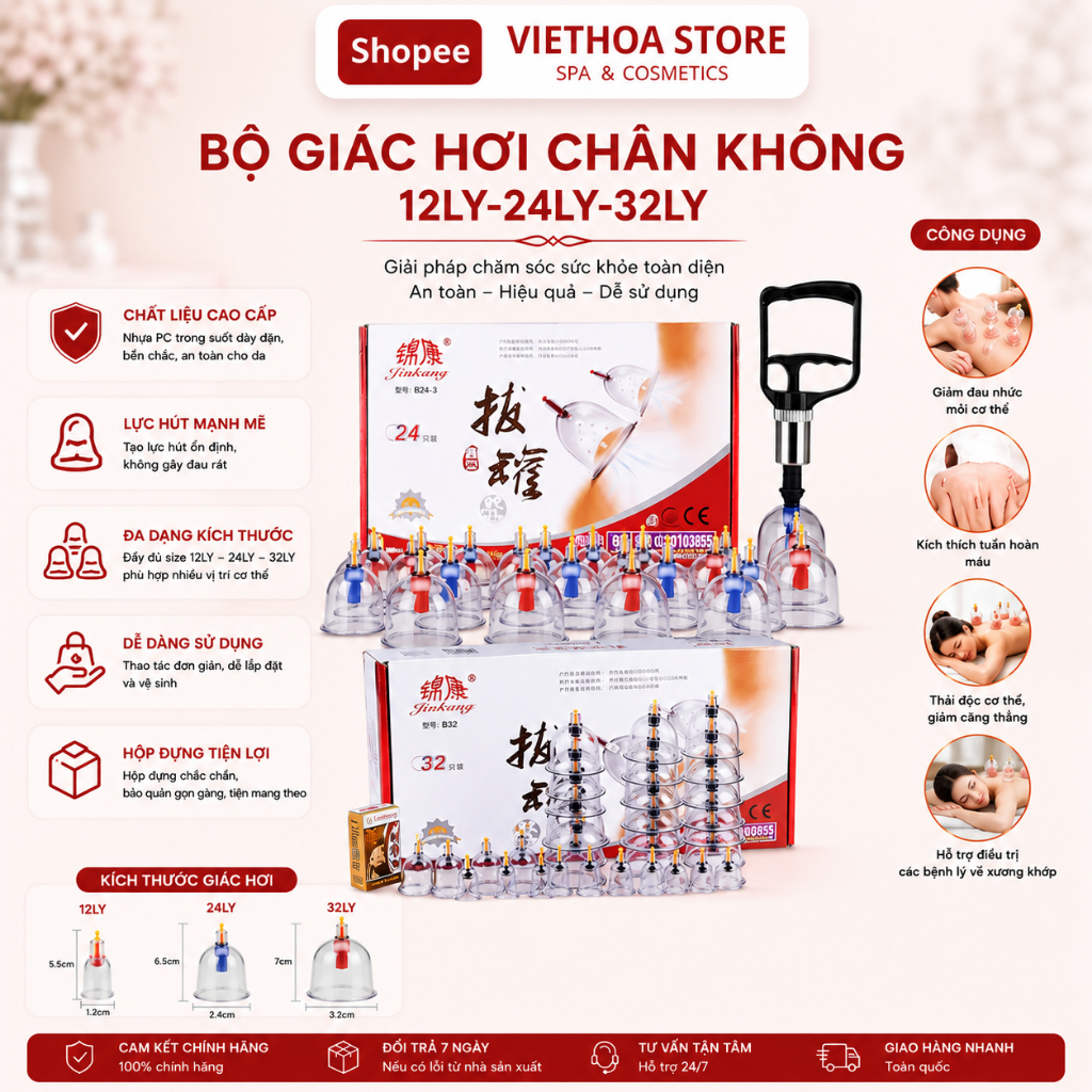 Bộ Giác Hơi Chân Không 24 Ly, 32 Ly, Cốc Giác Hơi Không Lửa Hút Chân Không- An Toàn
