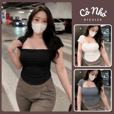 Áo Thun Cổ Vuông Bigsize Nữ Tay Ngắn Vạt Bầu Che Bụng Vải Borip Thái Co Giãn Tốt A53