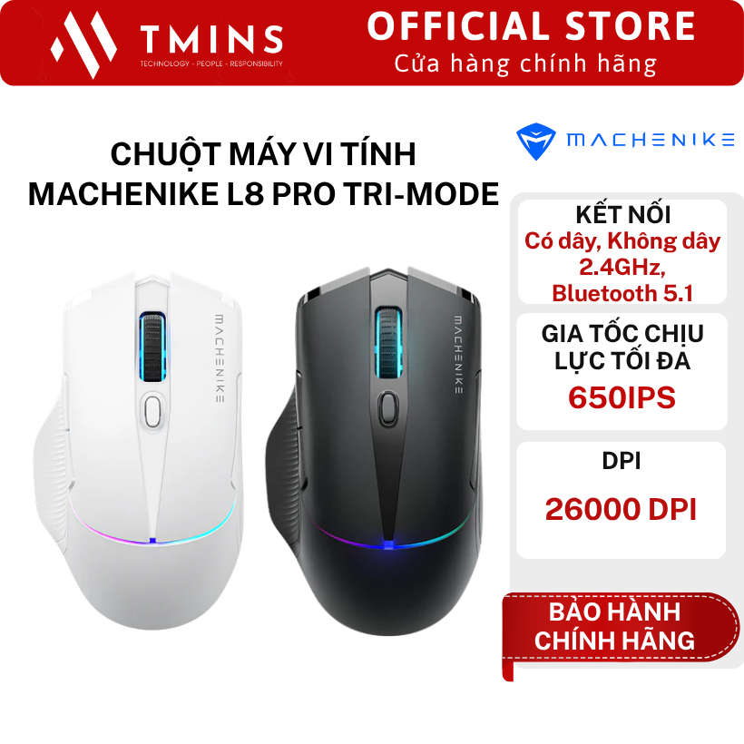 Chuột máy vi tính Machenike L8 Pro Tri-Mode White/ Black (3 Mode/ 26000 DPI/ RGB) - Hàng chính hãng