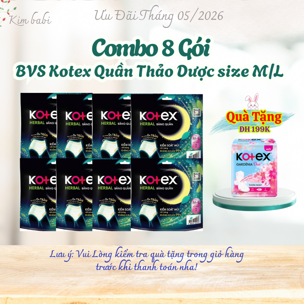 Combo 8 Băng Vệ Sinh Kotex Quần Thảo Dược M/L 2 miếng Kháng Khuẩn Kiểm Soát Mùi