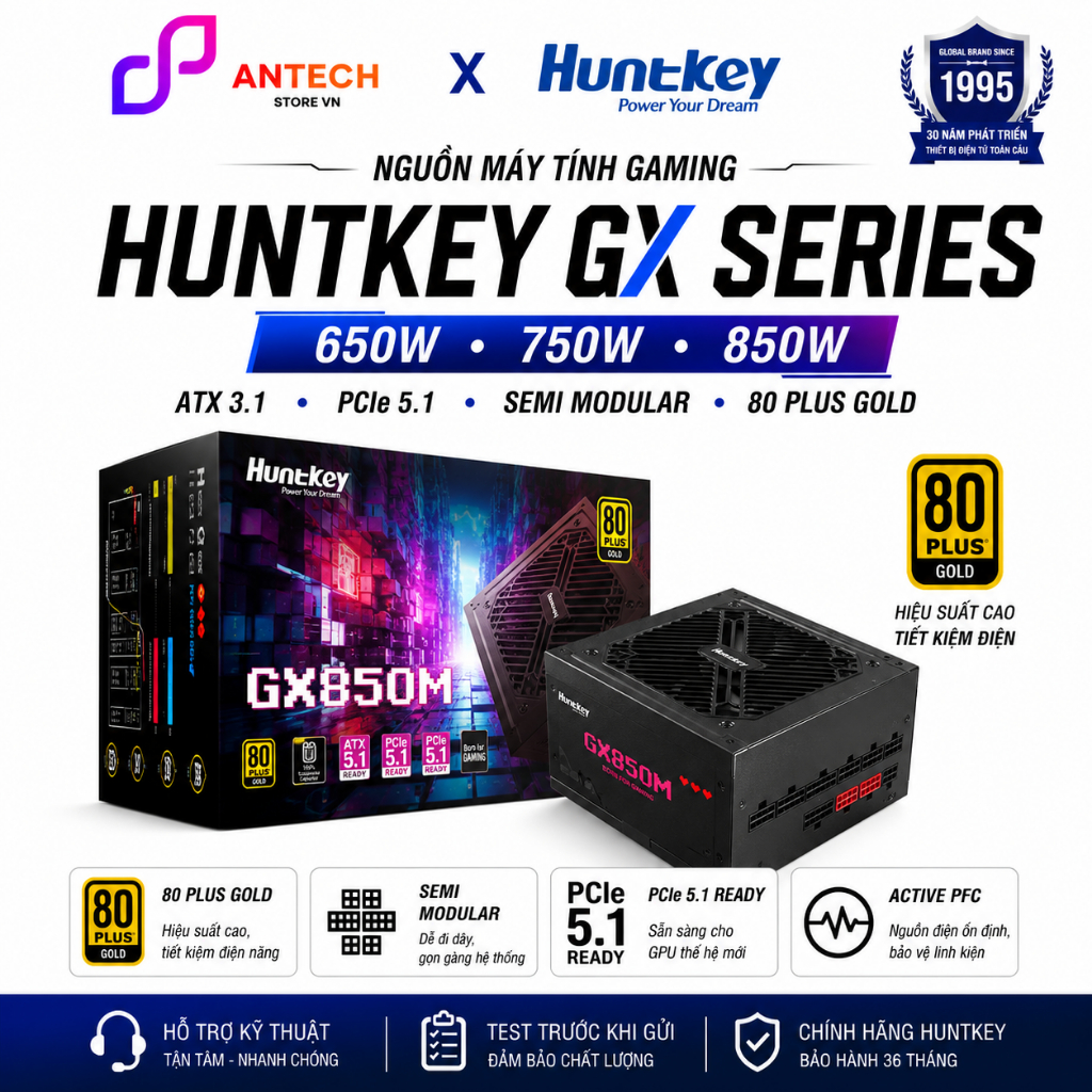 Nguồn Máy Tính Huntkey GX650M / GX750M / GX850M 80 Plus Gold Full Modular PCIe 5.1 Chính Hãng - Bảo 
