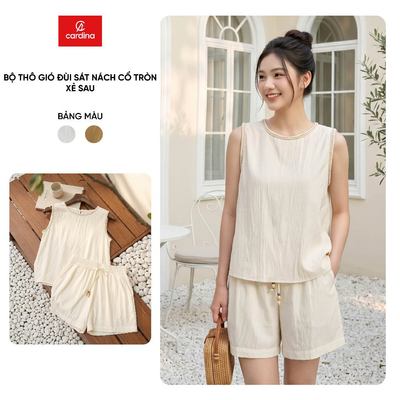Bộ đồ nữ CARDINA  chất liệu thô gió áo sát nách cổ tròn sẻ sau và  quần đùi 6BGN02