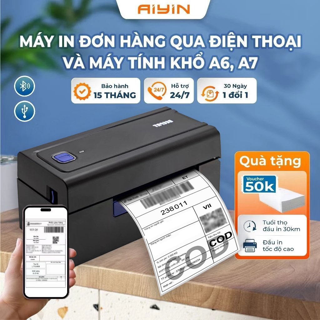 Máy In Nhiệt AYIN Khổ A6,A7 In Đơn Hàng Từ Điện Thoại, Máy Tính, In Đơn Sàn TMĐT, Mã Vận Đơn, In Tem