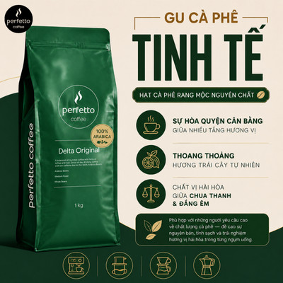 [Perfetto Coffee] Cà phê hạt Delta Original 100% Arabica rang vừa 1kg/ 2kg/ 250g - Cà phê nguyên chất