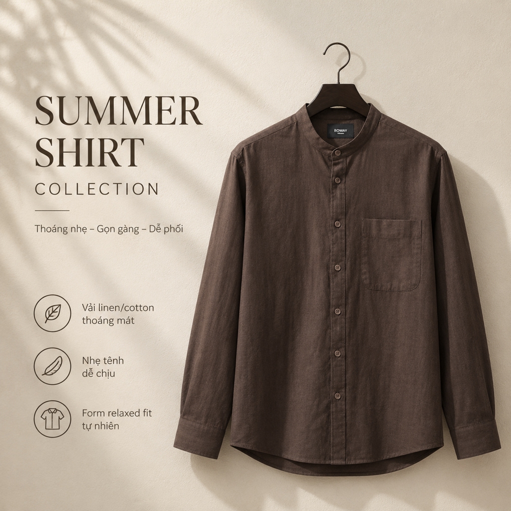Áo sơ mi nam ROWAY vải linen cotton thoáng mát, form regular | dài tay cổ trụ ver2 | BigBuy360 - bigbuy360.vn