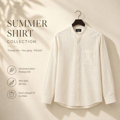 Áo sơ mi nam ROWAY vải linen cotton thoáng mát, form regular | dài tay cổ trụ ver2