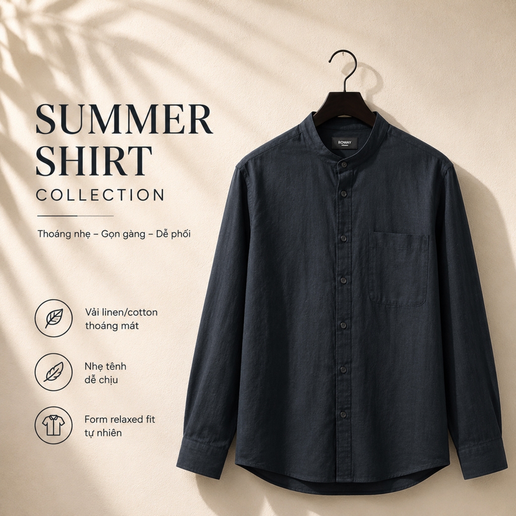 Áo sơ mi nam ROWAY vải linen cotton thoáng mát, form regular | dài tay cổ trụ ver2 | BigBuy360 - bigbuy360.vn