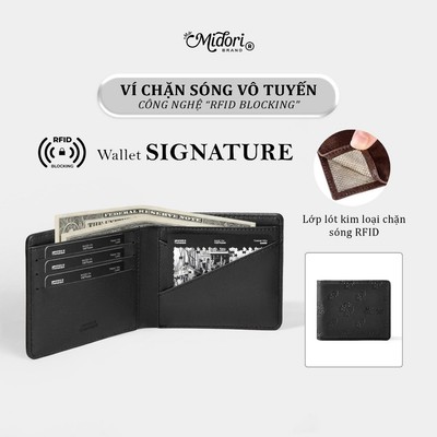 Ví Da PU SIGNATURE Nhiều Ngăn Cao Cấp Bóp Nam RFID Blocking Đựng Tiền Thẻ | Midori M Studio