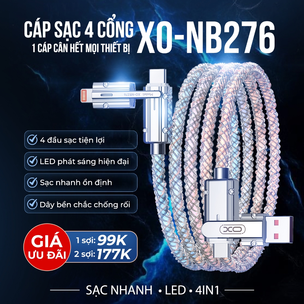 (NB276) Dây cáp đèn Led XO Simple Is Beauty 4 Cổng Sạc, Sạc Nhanh, Truyền Dữ Liệu, Dài 1m