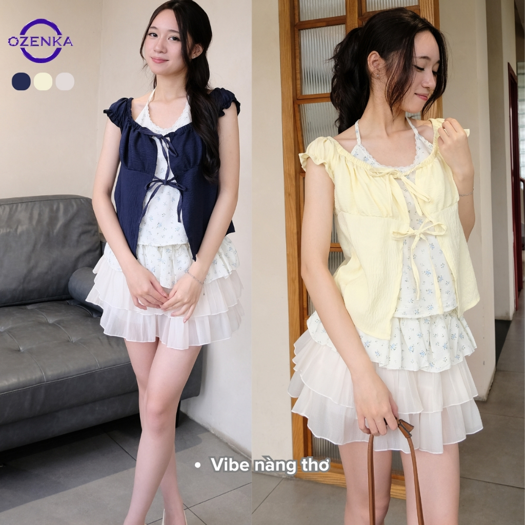 Set đồ nữ vibe nàng thơ sang chảnh áo babydoll cổ yếm chân váy ngắn xòe ozenka , mẫu mới áo cổ yếm h