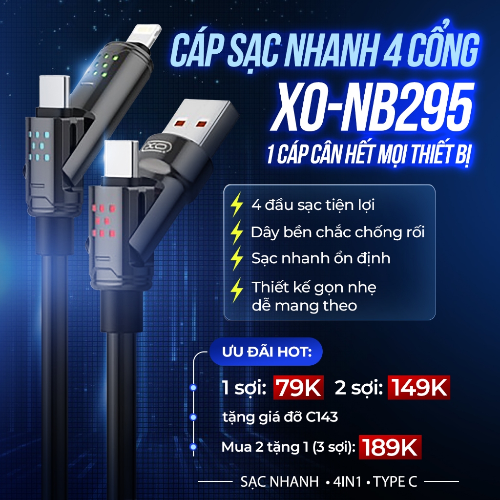 (NB295)[Combo 2 sợi có quà] Dây cáp XO SimpleIsBeauty 4 Cổng, Sạc Nhanh Đa Năng, Truyền Dữ Liệu 480M