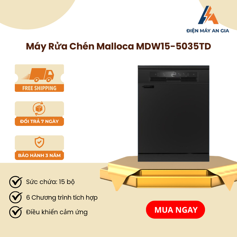 Máy Rửa Bát Malloca MDW15-5035TD - Dung Tích 15 Bộ - Tích Hợp 6 Chương Trình - Diệt Khuẩn UV - PEB