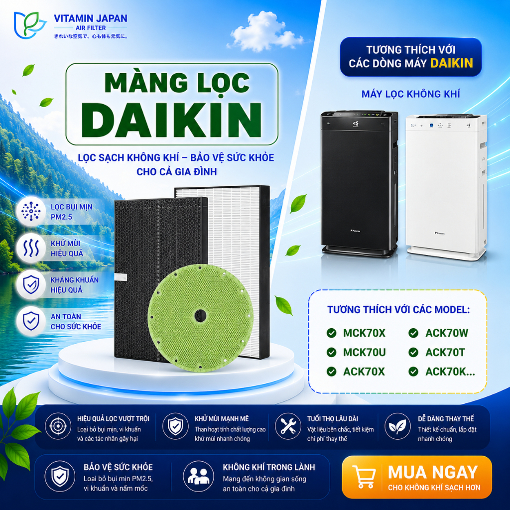 Màng Lọc Không Khí Daikin hộp: ACK70X, ACK70W, ACK70T, ACK70V, ACK70K, MCK70X, MCK70U,...