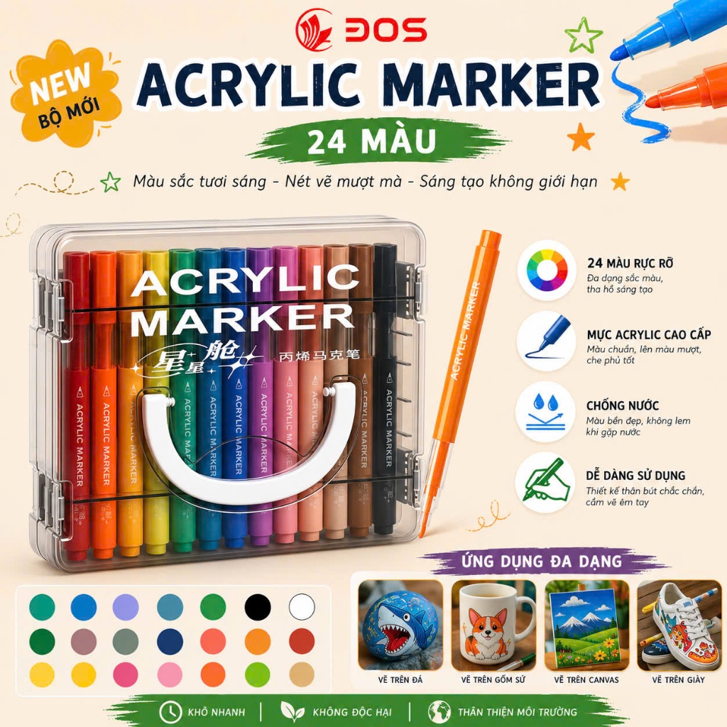 Hộp 24 Cây Bút Màu Acylic Marker 50233-24 Màu Sắc Tươi Sáng Khô Nhanh Chống Nước