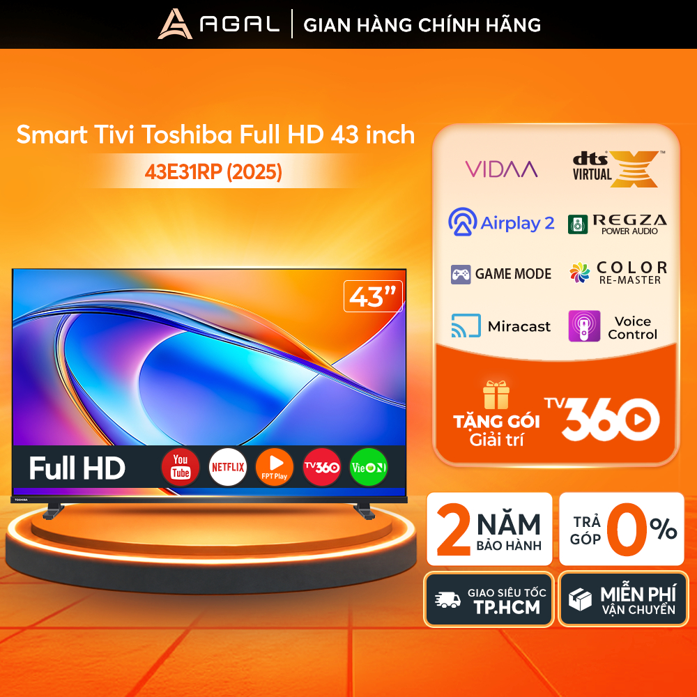 Smart Tivi Toshiba Full HD 43 Inch 43E31RP, Trả góp 0%, Bảo hành 2 năm