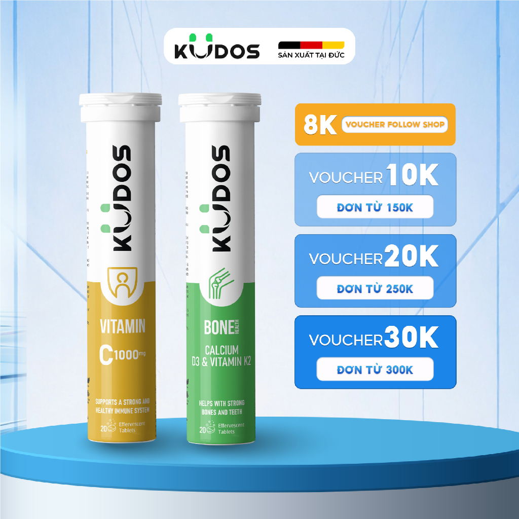 Combo Thực phẩm bảo vệ sức khỏe KUDOS BONE HEALTH CALCIUM, D3 & VITAMIN K2 +  KUDOS VITAMIN C 1000 M