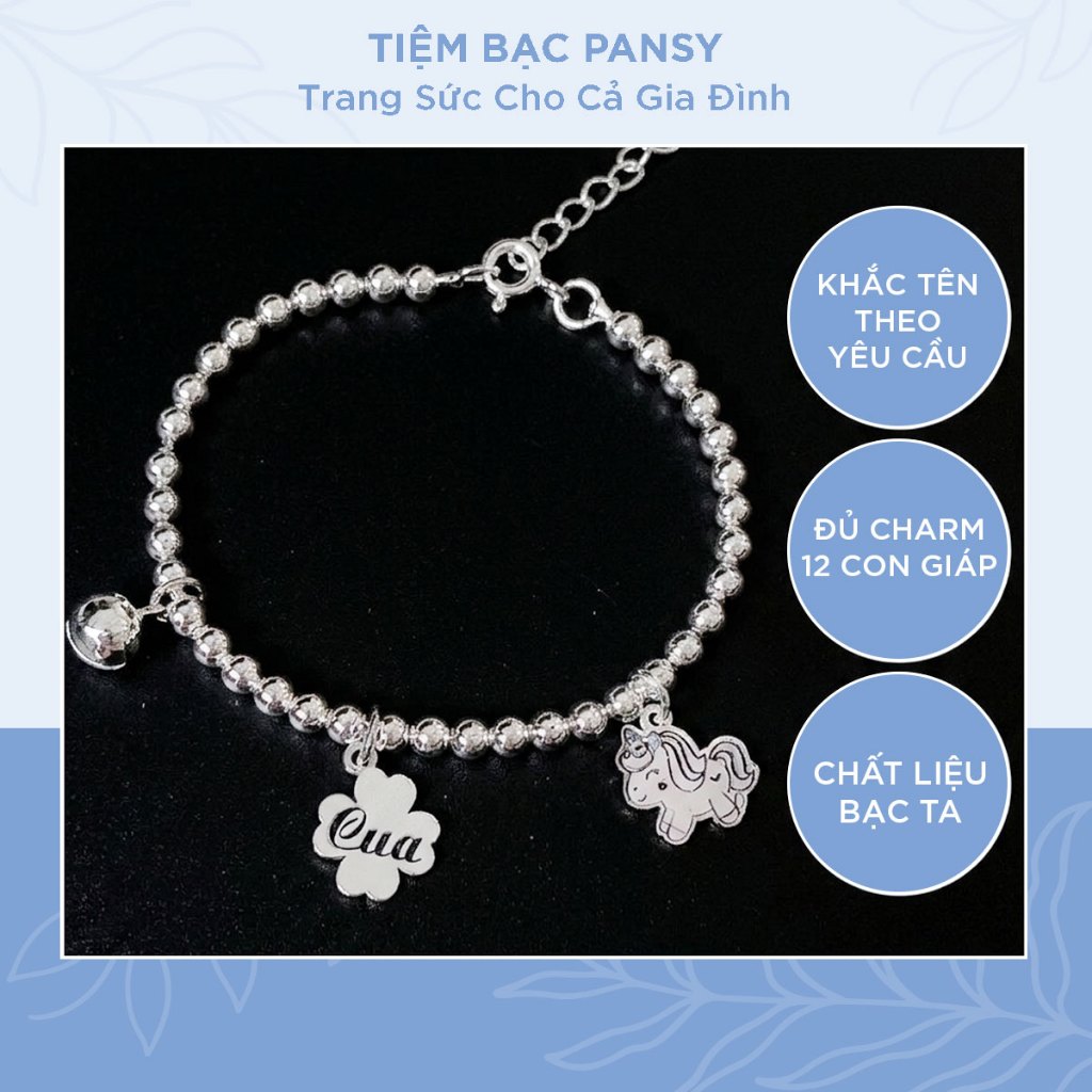 Vòng lắc bạc ta chuỗi bi charm cỏ 4 lá cho bé
